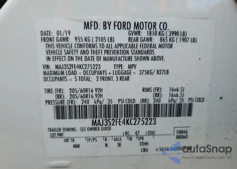 2019 Ford Ecosport S z USA, uszkodzony, nr VIN MAJ3S2FE4KC275223